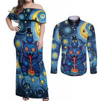 Trippy Cat and Owl Couples Matching Off Shoulder Maxi Dress and Long Sleeve Button Shirt Starry Psychedelic Vibes - Wonder Print Shop