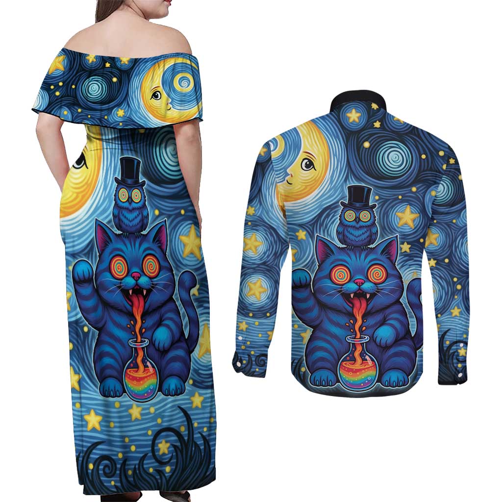 Trippy Cat and Owl Couples Matching Off Shoulder Maxi Dress and Long Sleeve Button Shirt Starry Psychedelic Vibes - Wonder Print Shop