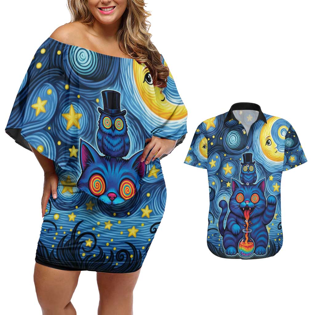 Trippy Cat and Owl Couples Matching Off Shoulder Short Dress and Hawaiian Shirt Starry Psychedelic Vibes - Wonder Print Shop