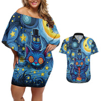 Trippy Cat and Owl Couples Matching Off Shoulder Short Dress and Hawaiian Shirt Starry Psychedelic Vibes - Wonder Print Shop