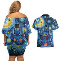 Trippy Cat and Owl Couples Matching Off Shoulder Short Dress and Hawaiian Shirt Starry Psychedelic Vibes - Wonder Print Shop