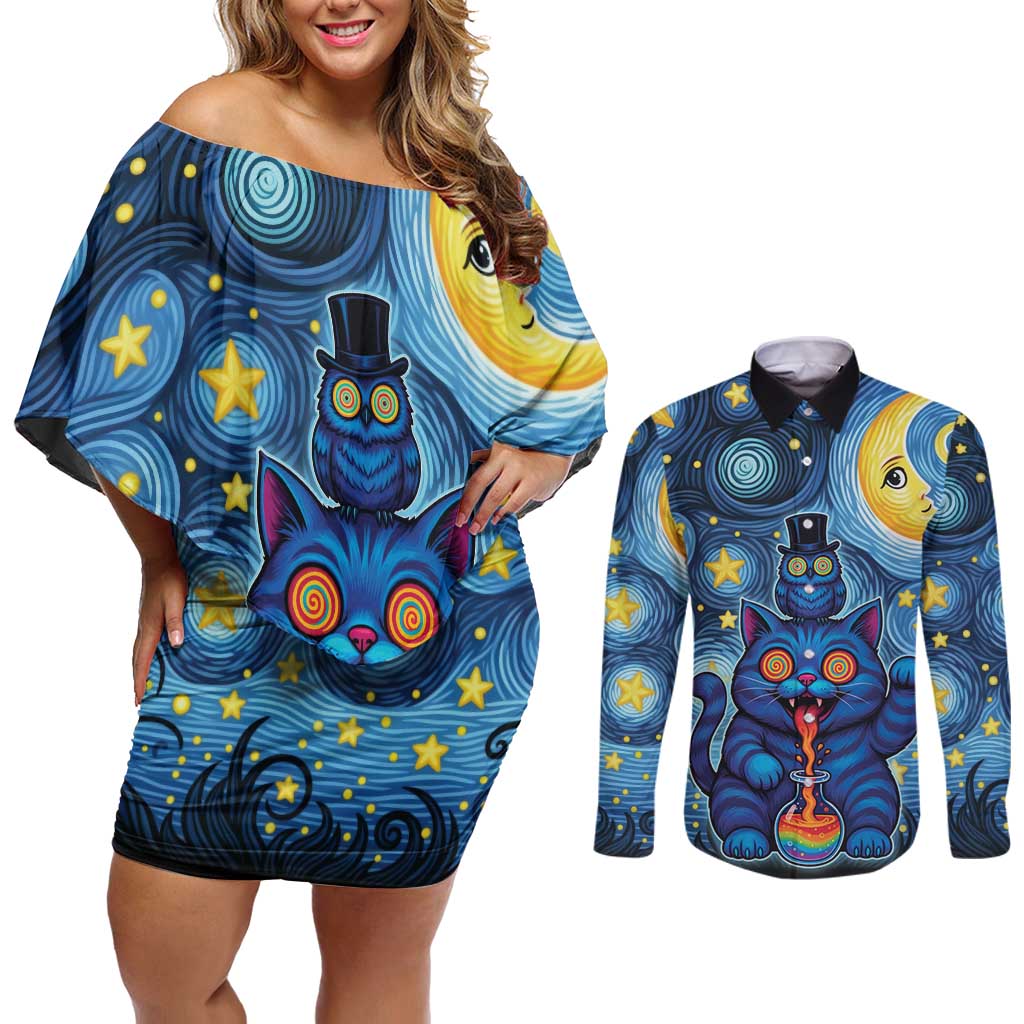 Trippy Cat and Owl Couples Matching Off Shoulder Short Dress and Long Sleeve Button Shirt Starry Psychedelic Vibes - Wonder Print Shop