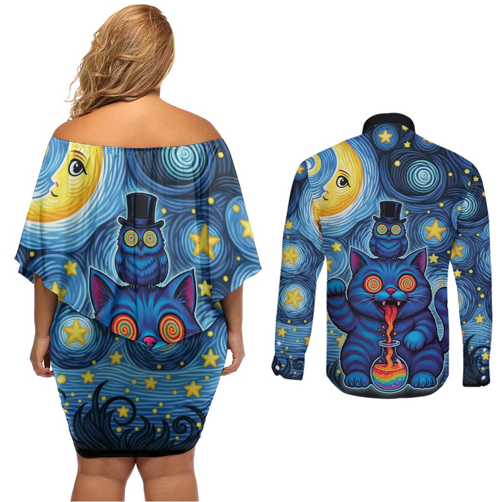 Trippy Cat and Owl Couples Matching Off Shoulder Short Dress and Long Sleeve Button Shirt Starry Psychedelic Vibes - Wonder Print Shop