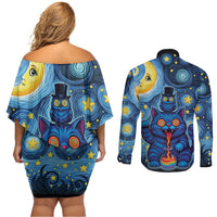 Trippy Cat and Owl Couples Matching Off Shoulder Short Dress and Long Sleeve Button Shirt Starry Psychedelic Vibes - Wonder Print Shop