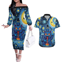 Trippy Cat and Owl Couples Matching Off The Shoulder Long Sleeve Dress and Hawaiian Shirt Starry Psychedelic Vibes - Wonder Print Shop