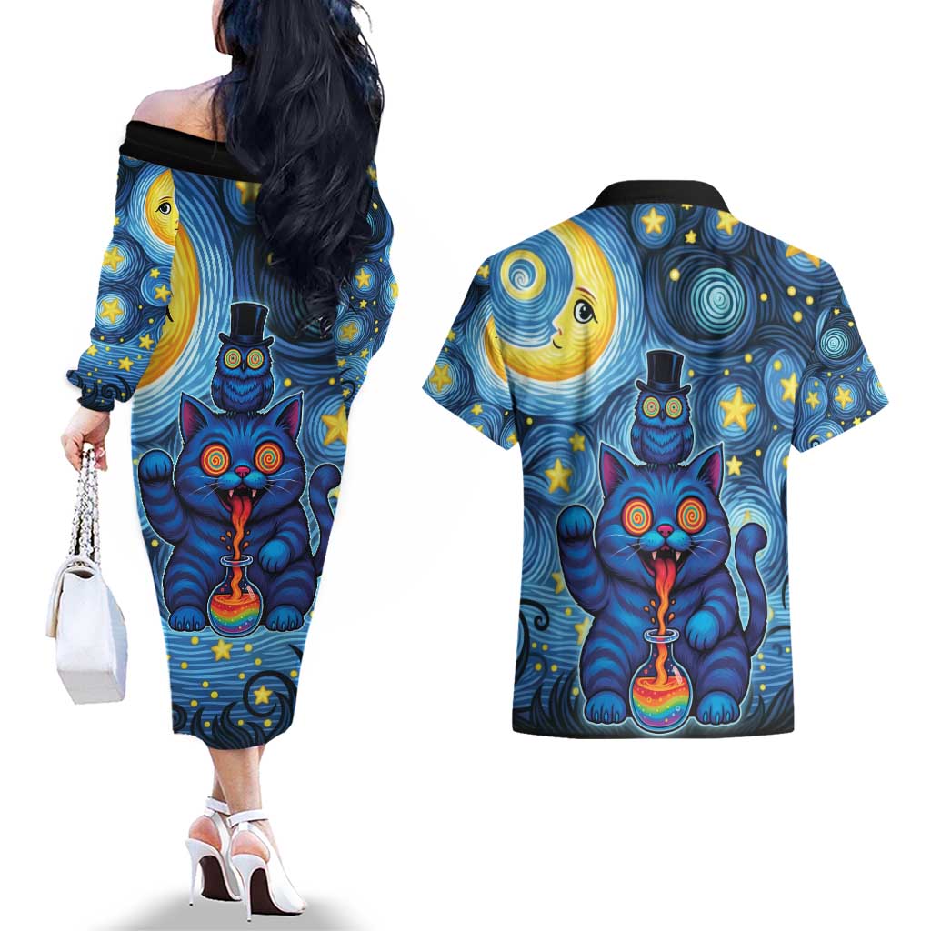 Trippy Cat and Owl Couples Matching Off The Shoulder Long Sleeve Dress and Hawaiian Shirt Starry Psychedelic Vibes - Wonder Print Shop