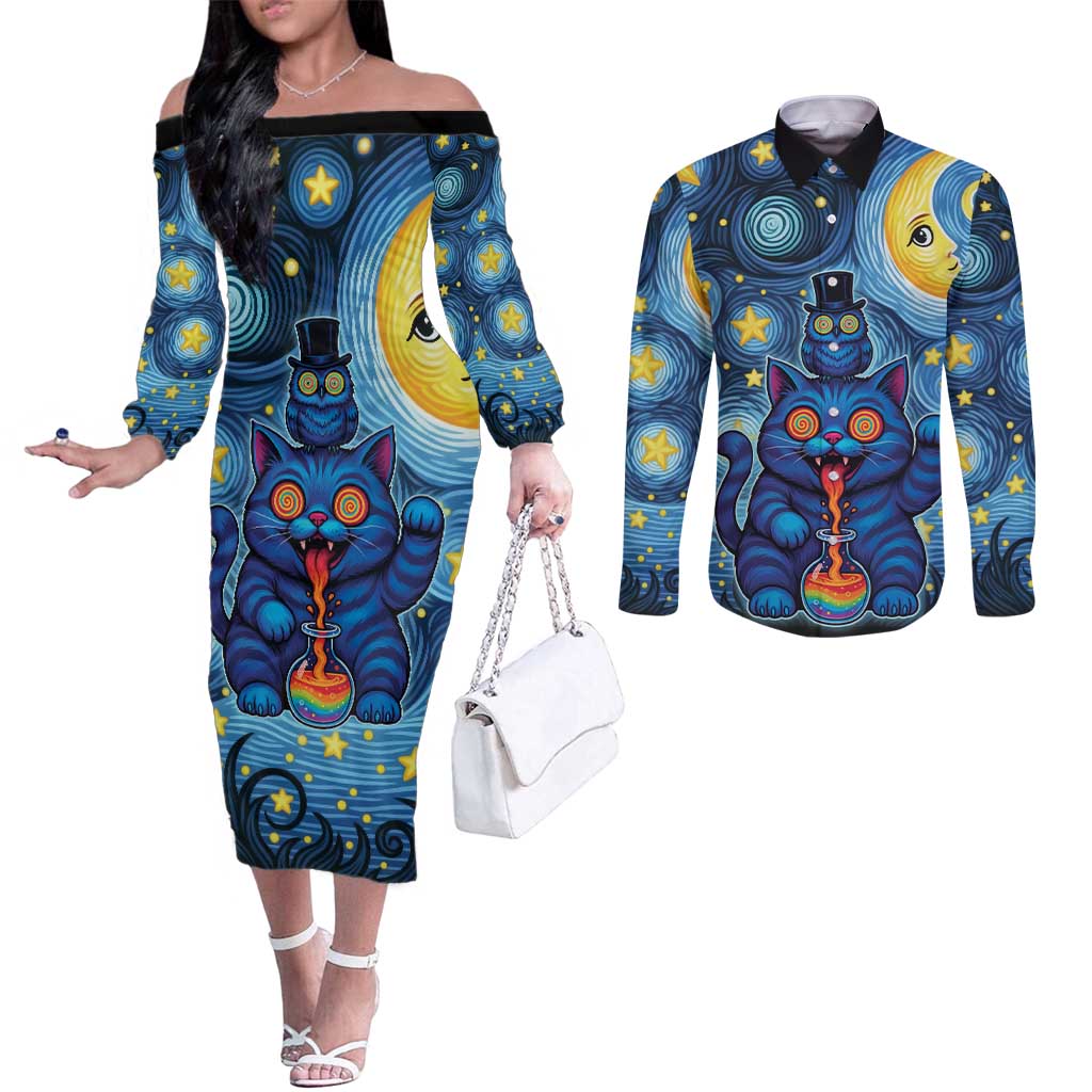Trippy Cat and Owl Couples Matching Off The Shoulder Long Sleeve Dress and Long Sleeve Button Shirt Starry Psychedelic Vibes - Wonder Print Shop