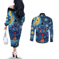 Trippy Cat and Owl Couples Matching Off The Shoulder Long Sleeve Dress and Long Sleeve Button Shirt Starry Psychedelic Vibes - Wonder Print Shop
