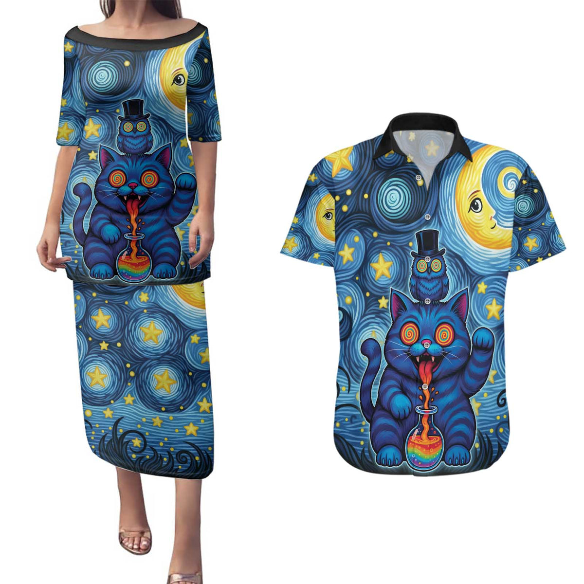 Trippy Cat and Owl Couples Matching Puletasi and Hawaiian Shirt Starry Psychedelic Vibes - Wonder Print Shop