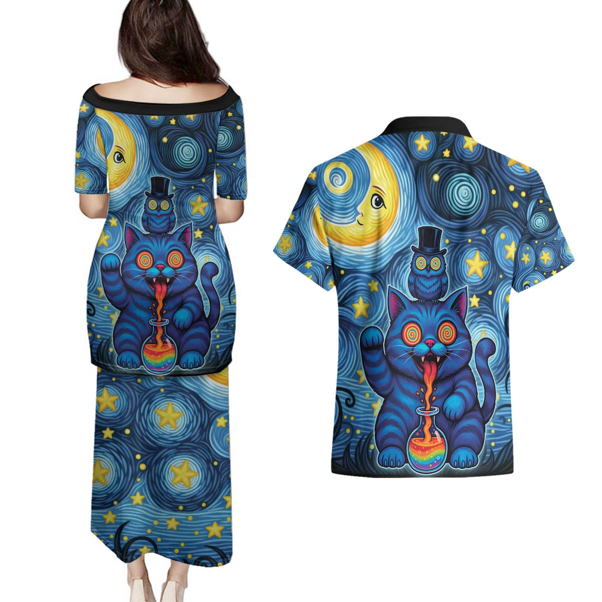 Trippy Cat and Owl Couples Matching Puletasi and Hawaiian Shirt Starry Psychedelic Vibes - Wonder Print Shop