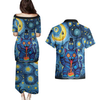 Trippy Cat and Owl Couples Matching Puletasi and Hawaiian Shirt Starry Psychedelic Vibes - Wonder Print Shop