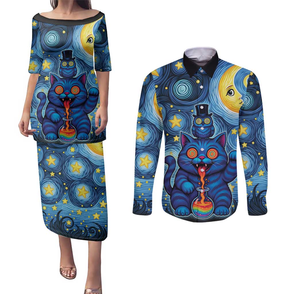Trippy Cat and Owl Couples Matching Puletasi and Long Sleeve Button Shirt Starry Psychedelic Vibes - Wonder Print Shop