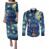Trippy Cat and Owl Couples Matching Puletasi and Long Sleeve Button Shirt Starry Psychedelic Vibes - Wonder Print Shop