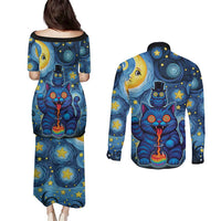 Trippy Cat and Owl Couples Matching Puletasi and Long Sleeve Button Shirt Starry Psychedelic Vibes - Wonder Print Shop
