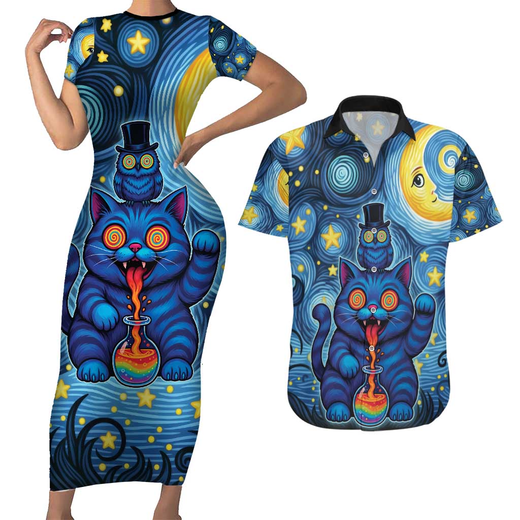 Trippy Cat and Owl Couples Matching Short Sleeve Bodycon Dress and Hawaiian Shirt Starry Psychedelic Vibes - Wonder Print Shop