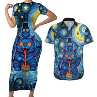 Trippy Cat and Owl Couples Matching Short Sleeve Bodycon Dress and Hawaiian Shirt Starry Psychedelic Vibes - Wonder Print Shop