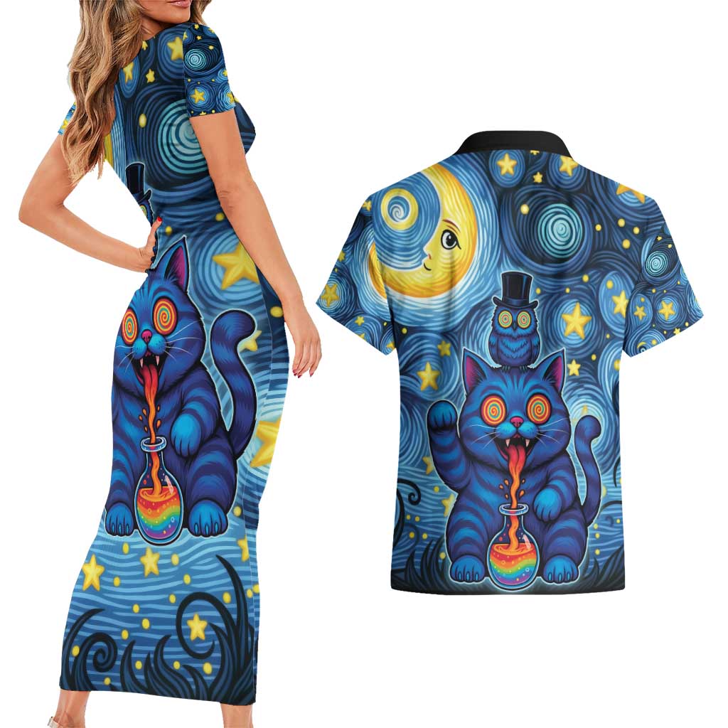 Trippy Cat and Owl Couples Matching Short Sleeve Bodycon Dress and Hawaiian Shirt Starry Psychedelic Vibes - Wonder Print Shop