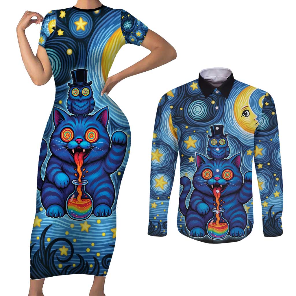 Trippy Cat and Owl Couples Matching Short Sleeve Bodycon Dress and Long Sleeve Button Shirt Starry Psychedelic Vibes - Wonder Print Shop