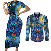 Trippy Cat and Owl Couples Matching Short Sleeve Bodycon Dress and Long Sleeve Button Shirt Starry Psychedelic Vibes - Wonder Print Shop