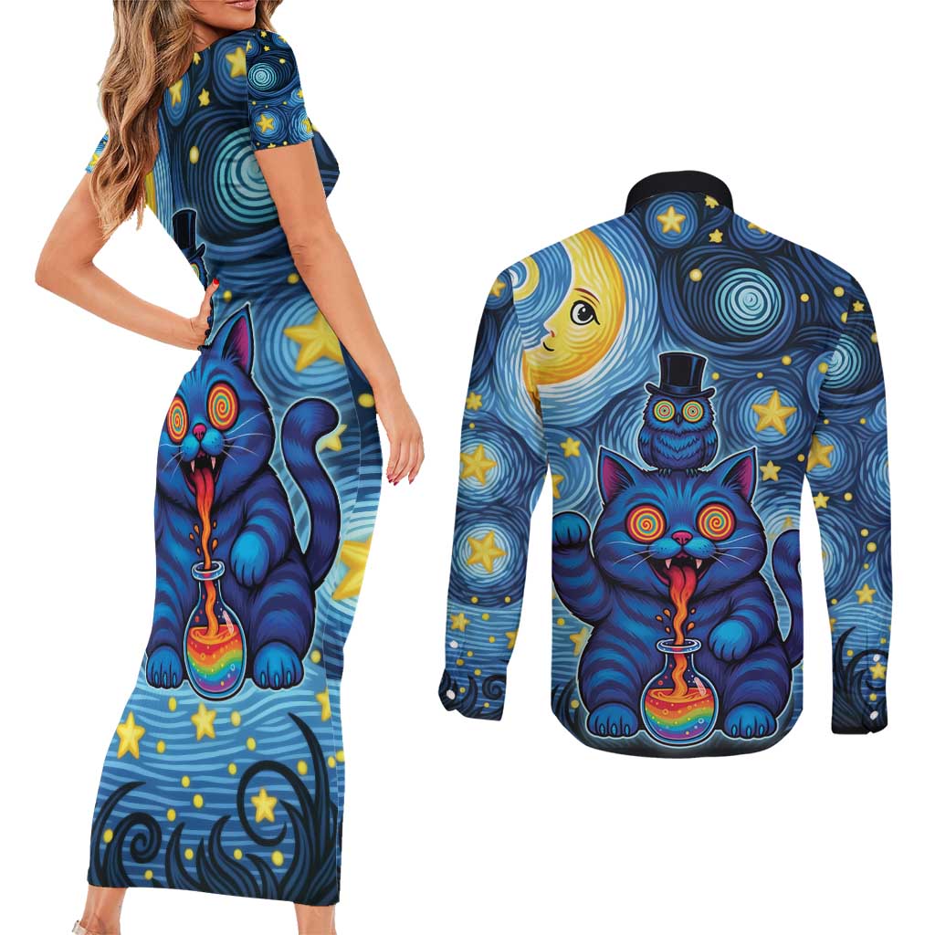 Trippy Cat and Owl Couples Matching Short Sleeve Bodycon Dress and Long Sleeve Button Shirt Starry Psychedelic Vibes - Wonder Print Shop