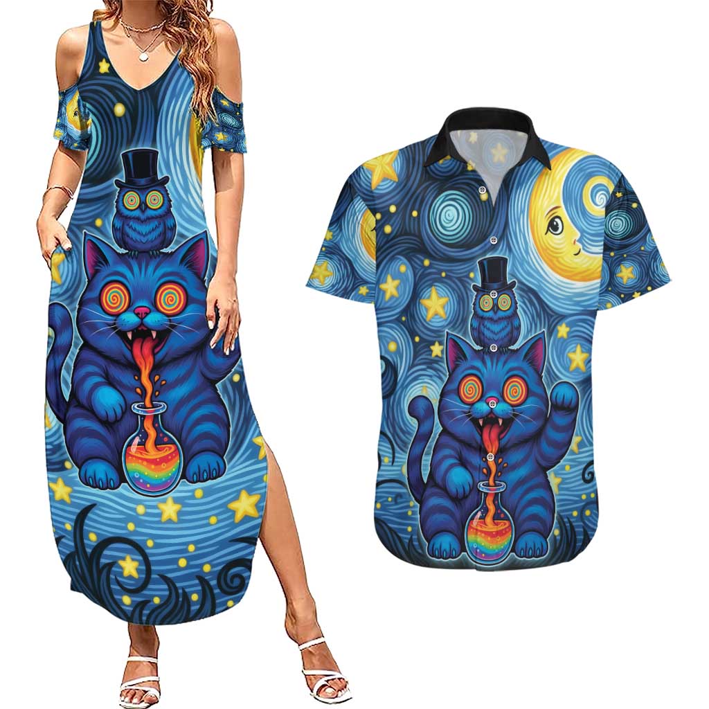 Trippy Cat and Owl Couples Matching Summer Maxi Dress and Hawaiian Shirt Starry Psychedelic Vibes - Wonder Print Shop