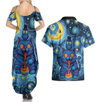 Trippy Cat and Owl Couples Matching Summer Maxi Dress and Hawaiian Shirt Starry Psychedelic Vibes - Wonder Print Shop