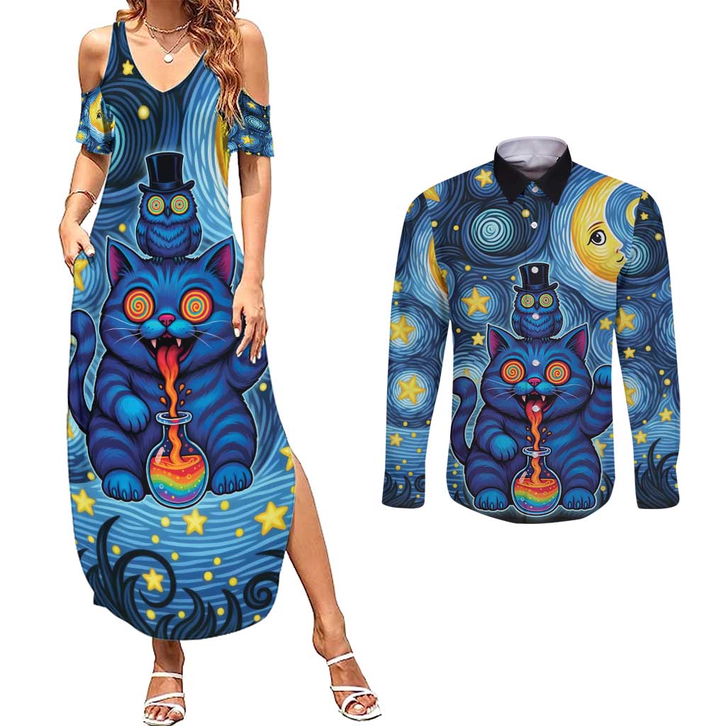 Trippy Cat and Owl Couples Matching Summer Maxi Dress and Long Sleeve Button Shirt Starry Psychedelic Vibes - Wonder Print Shop