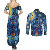 Trippy Cat and Owl Couples Matching Summer Maxi Dress and Long Sleeve Button Shirt Starry Psychedelic Vibes - Wonder Print Shop