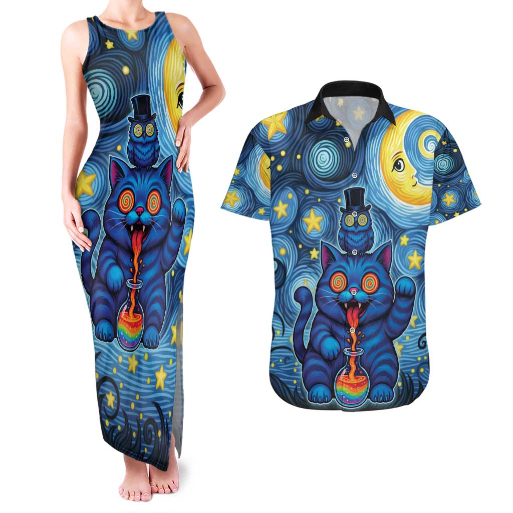 Trippy Cat and Owl Couples Matching Tank Maxi Dress and Hawaiian Shirt Starry Psychedelic Vibes - Wonder Print Shop
