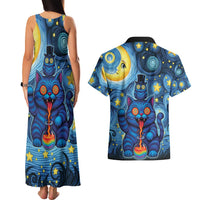 Trippy Cat and Owl Couples Matching Tank Maxi Dress and Hawaiian Shirt Starry Psychedelic Vibes - Wonder Print Shop