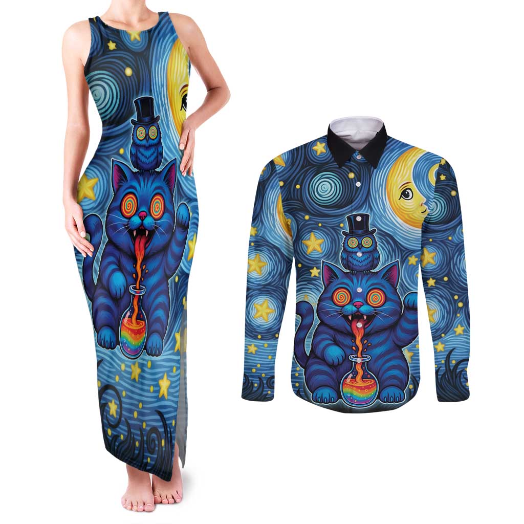 Trippy Cat and Owl Couples Matching Tank Maxi Dress and Long Sleeve Button Shirt Starry Psychedelic Vibes - Wonder Print Shop