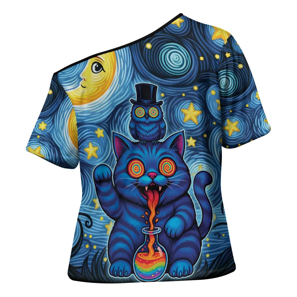 Trippy Cat and Owl Cross Shoulder Shirt Starry Psychedelic Vibes - Wonder Print Shop