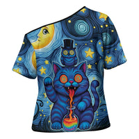 Trippy Cat and Owl Cross Shoulder Shirt Starry Psychedelic Vibes - Wonder Print Shop
