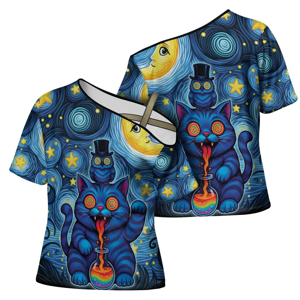 Trippy Cat and Owl Cross Shoulder Shirt Starry Psychedelic Vibes - Wonder Print Shop