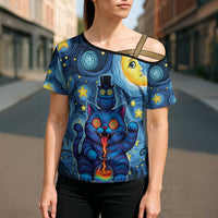 Trippy Cat and Owl Cross Shoulder Shirt Starry Psychedelic Vibes - Wonder Print Shop