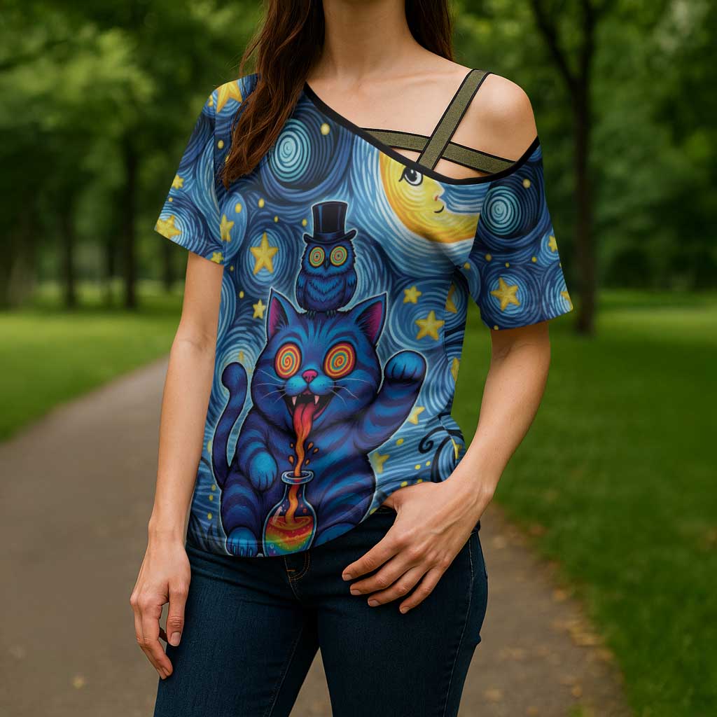 Trippy Cat and Owl Cross Shoulder Shirt Starry Psychedelic Vibes - Wonder Print Shop
