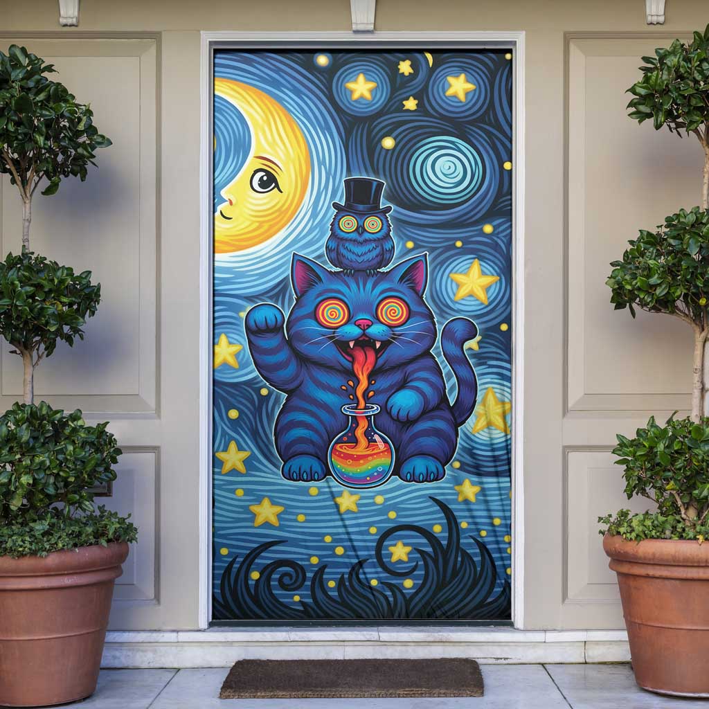 Trippy Cat and Owl Door Cover Starry Psychedelic Vibes - Wonder Print Shop