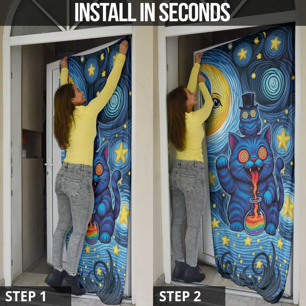 Trippy Cat and Owl Door Cover Starry Psychedelic Vibes - Wonder Print Shop