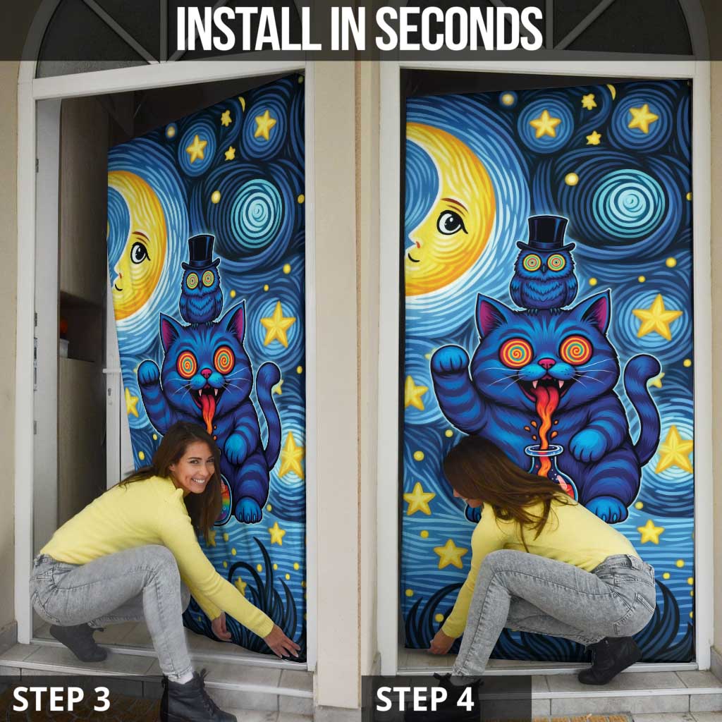 Trippy Cat and Owl Door Cover Starry Psychedelic Vibes - Wonder Print Shop
