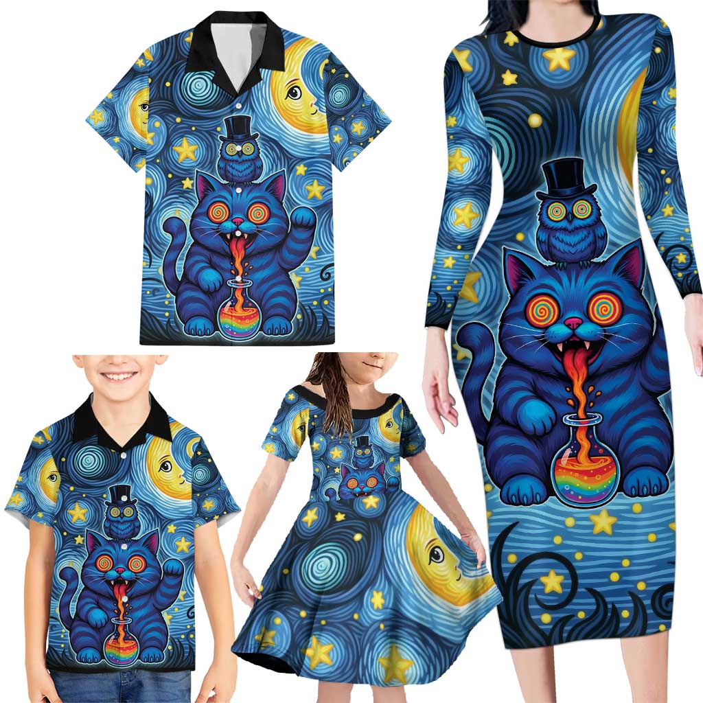 Trippy Cat and Owl Family Matching Long Sleeve Bodycon Dress and Hawaiian Shirt Starry Psychedelic Vibes - Wonder Print Shop