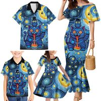 Trippy Cat and Owl Family Matching Mermaid Dress and Hawaiian Shirt Starry Psychedelic Vibes - Wonder Print Shop