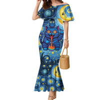 Trippy Cat and Owl Family Matching Mermaid Dress and Hawaiian Shirt Starry Psychedelic Vibes - Wonder Print Shop