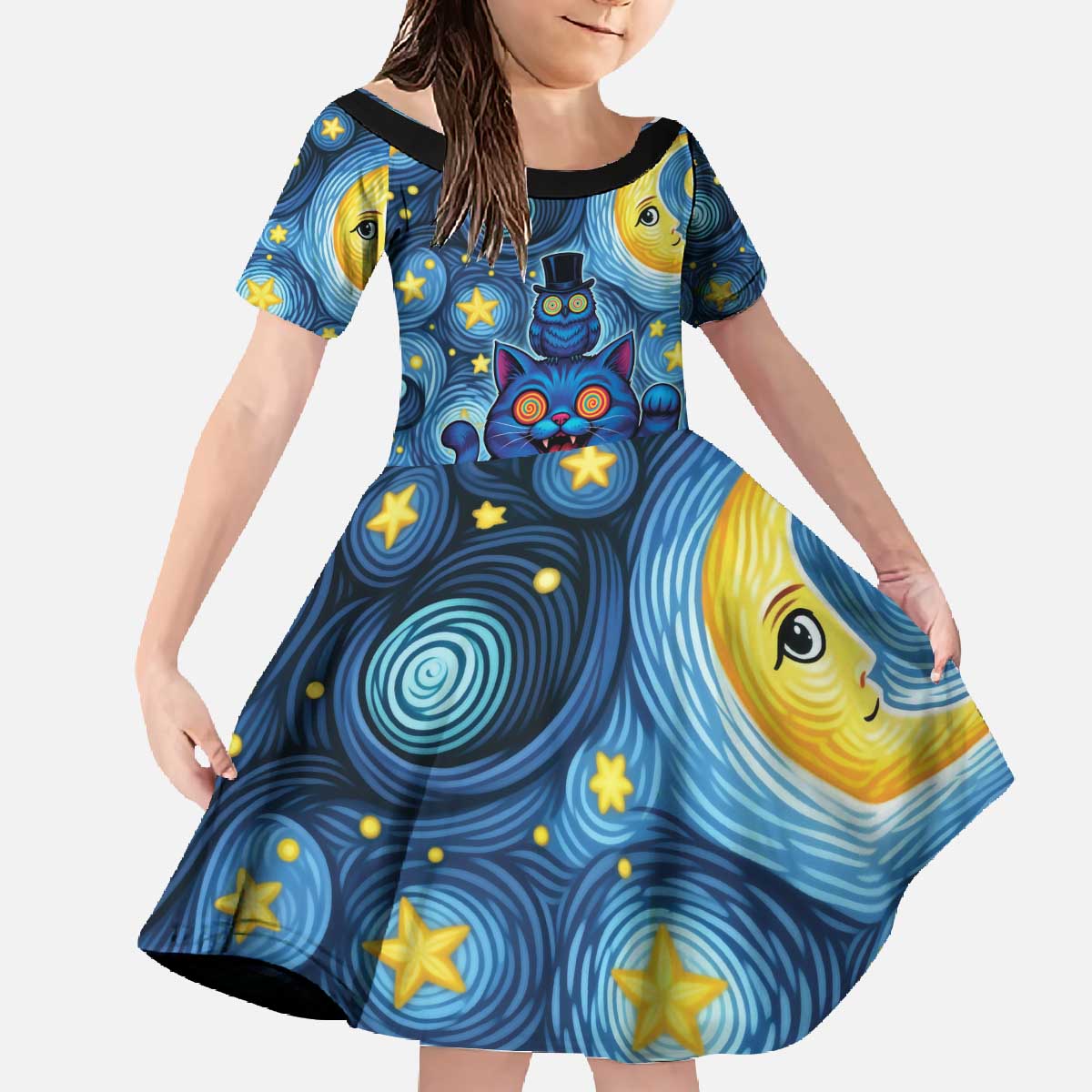 Trippy Cat and Owl Family Matching Off The Shoulder Long Sleeve Dress and Hawaiian Shirt Starry Psychedelic Vibes - Wonder Print Shop