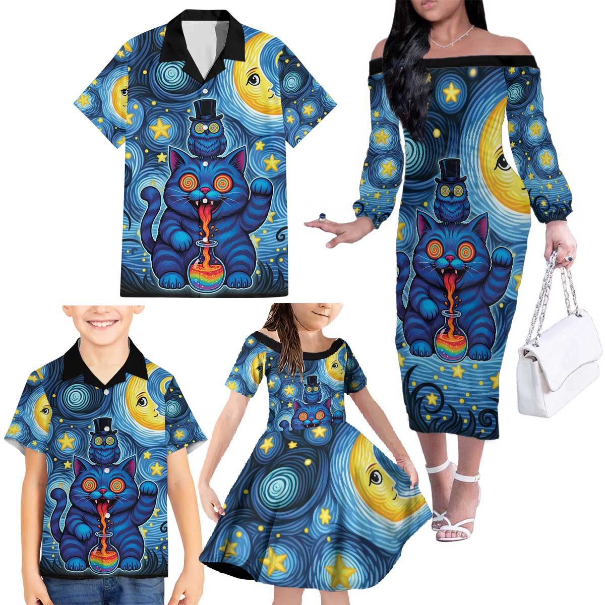Trippy Cat and Owl Family Matching Off The Shoulder Long Sleeve Dress and Hawaiian Shirt Starry Psychedelic Vibes - Wonder Print Shop