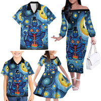 Trippy Cat and Owl Family Matching Off The Shoulder Long Sleeve Dress and Hawaiian Shirt Starry Psychedelic Vibes - Wonder Print Shop