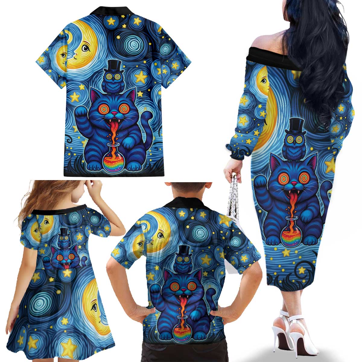 Trippy Cat and Owl Family Matching Off The Shoulder Long Sleeve Dress and Hawaiian Shirt Starry Psychedelic Vibes - Wonder Print Shop
