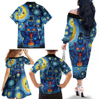 Trippy Cat and Owl Family Matching Off The Shoulder Long Sleeve Dress and Hawaiian Shirt Starry Psychedelic Vibes - Wonder Print Shop