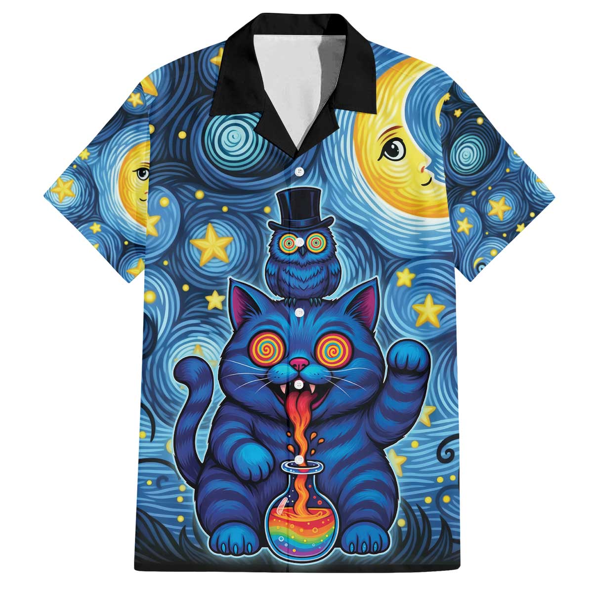 Trippy Cat and Owl Family Matching Off The Shoulder Long Sleeve Dress and Hawaiian Shirt Starry Psychedelic Vibes - Wonder Print Shop