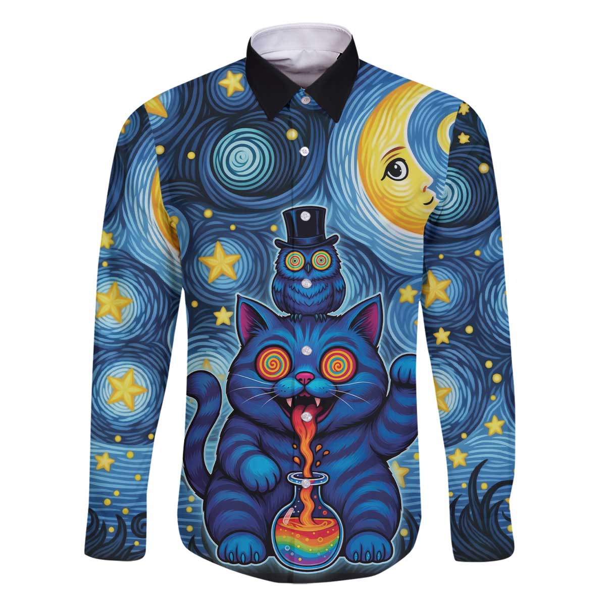 Trippy Cat and Owl Family Matching Off The Shoulder Long Sleeve Dress and Hawaiian Shirt Starry Psychedelic Vibes - Wonder Print Shop