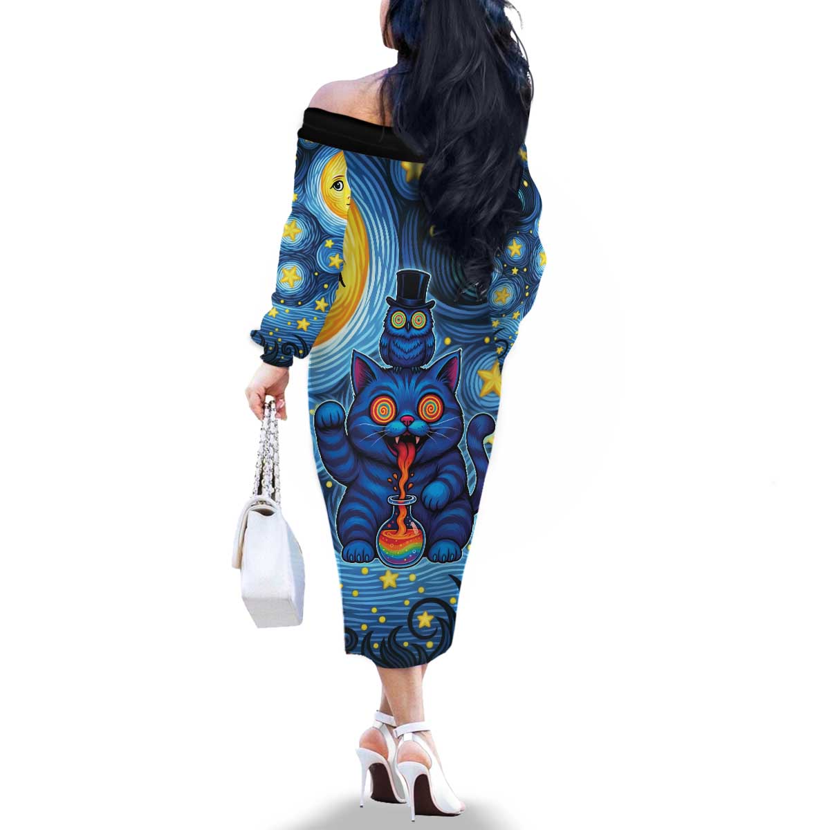 Trippy Cat and Owl Family Matching Off The Shoulder Long Sleeve Dress and Hawaiian Shirt Starry Psychedelic Vibes - Wonder Print Shop